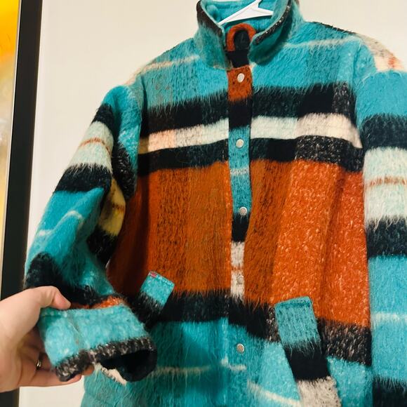 BDG Women's Brushed Fuzzy Wool Blend Oversized Teal Plaid Jacket Size Small - Picture 11 of 14